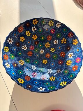 Hand-Painted Blue Floral Ceramic Bowl — Vibrant Multicolor Design